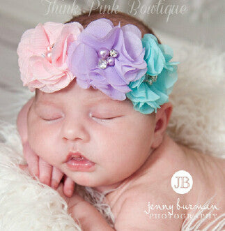 1 Pieces Newborn Baby Headband Chiffon 3 Flower Pearl Diamond with - Shopy Max