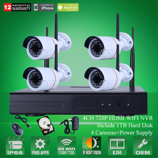 4CH CCTV System Wireless NVR Kit P2P 720P HD Outdoor IR Night Vision H.264 Security IP Camera WIFI Surveillance System 1TB HDD