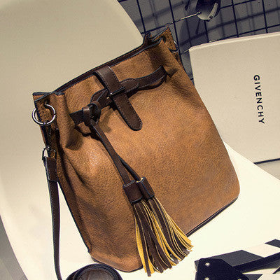INLEELA 2016 Fashion Scrub Women Bucket Bag Vintage Tassel Messenger Bag