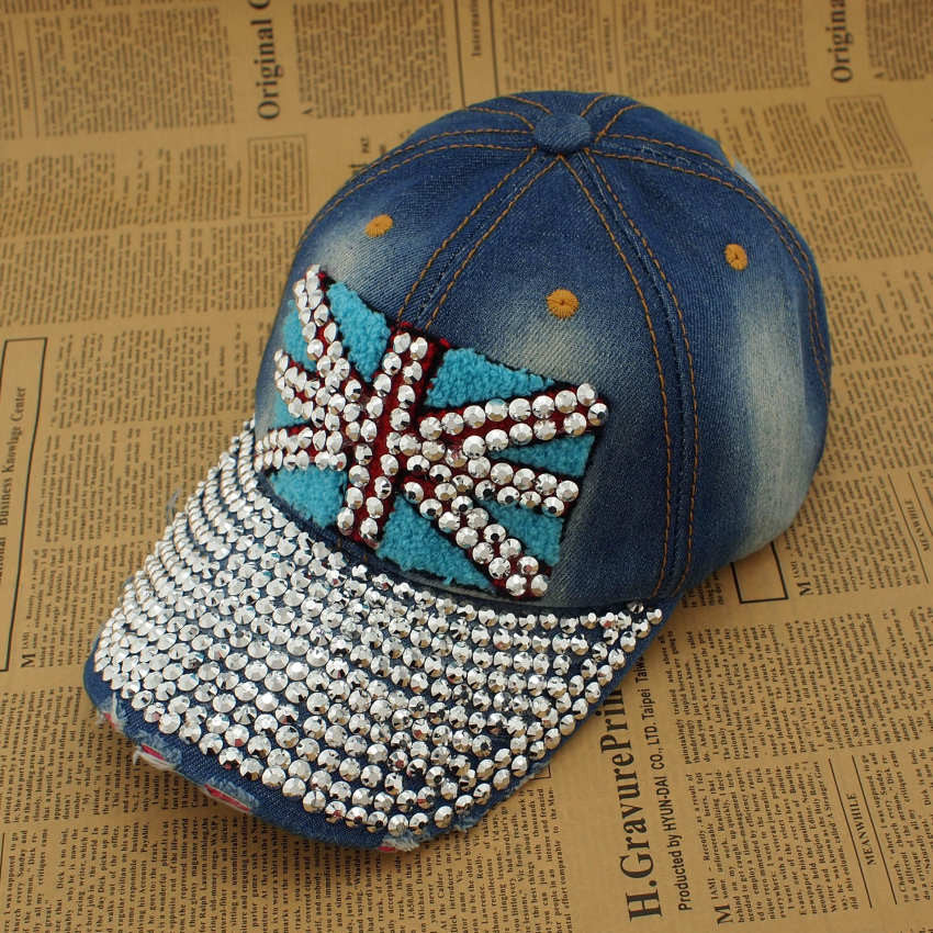 Hot Adjustable Sport Hat Fashion Jeans Accessories Rhinestones Union Jack Vintage Women Baseball Caps H007