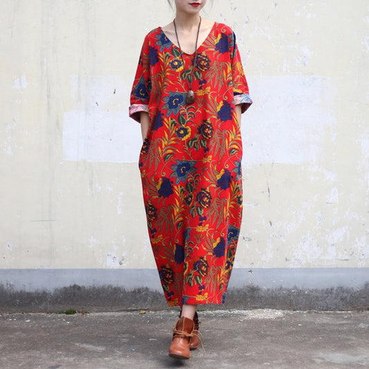 Cotton Linen Plus size Women Dress V-neck Flower print Long Summer Dress Original design