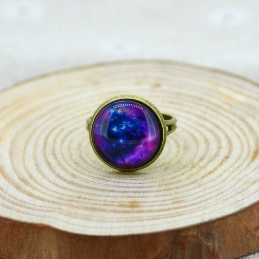 Vintage Cabochon Galaxy Ring Round Glass Dome Galaxy Nebula Space Antique Bronze Copper Ring For Women Girl  Adjustable No 9