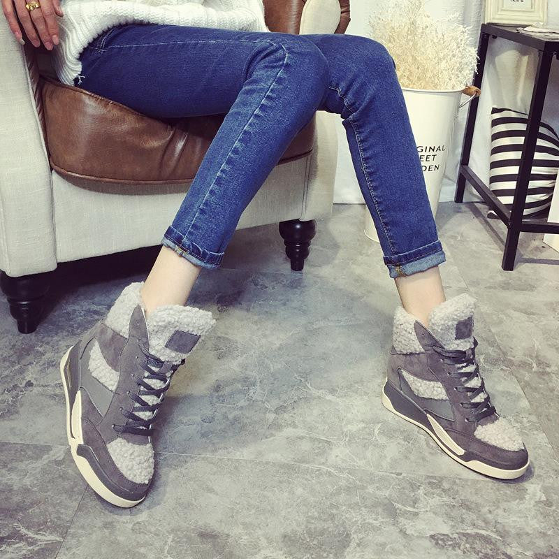 2016 Winter Spring New Korean Fashion Leather Lamb Wool Inner Height Increasing Wedge High Top Casual Shoes Woman Black Gray