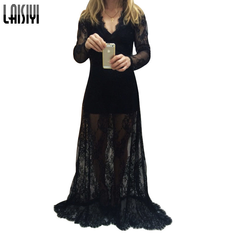 Free Shipping Women Floor-Length Black White Lace Dress Adjust Waist Sexy - Shopy Max