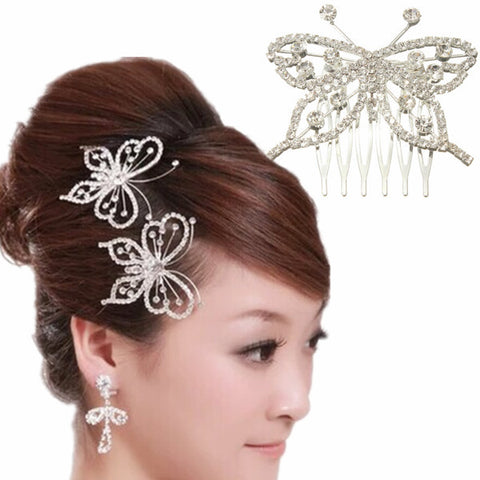 1pcs Tiara Hair Jewelry Elegant Butterfly Rhinestone Crystal Pin Comb Clip Silver