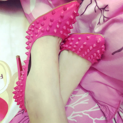 Pumps Red Bottom High Heels Sexy Point Toe Red Bottom Ladies High Heels Rivet Patent - Shopy Max