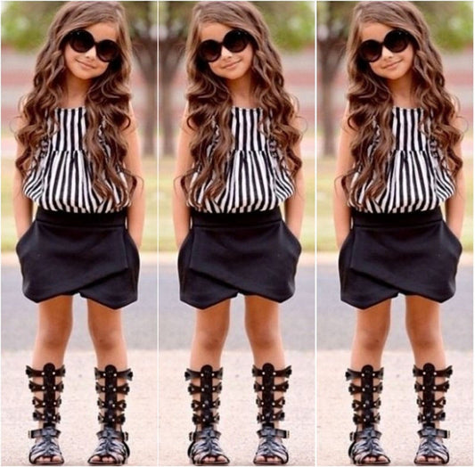Hot Baby Kids Girls Summer Striped Tops Blouse Black Bloomers Shorts Outfits set - Shopy Max
