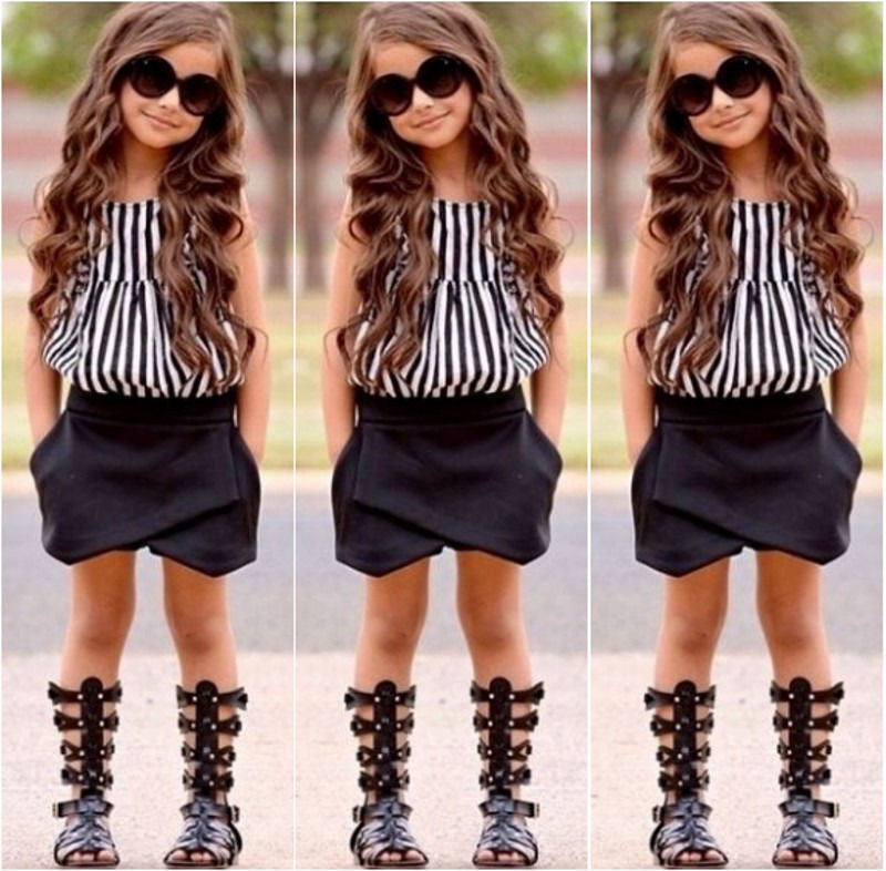 Hot Baby Kids Girls Summer Striped Tops Blouse Black Bloomers Shorts Outfits set