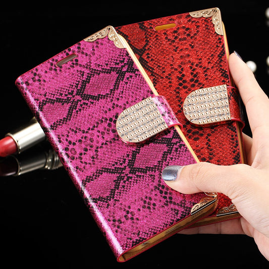Glitter Snake Skin Case for Galaxy S6 Diamond Magnetic Close Leather Cover for Samsung Galaxy S6 Protective Stand + Card Slot - Shopy Max