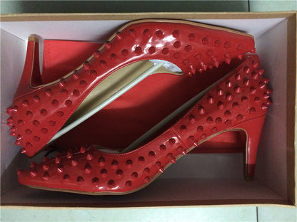 Pumps Red Bottom High Heels Sexy Point Toe Red Bottom Ladies High Heels Rivet Patent - Shopy Max