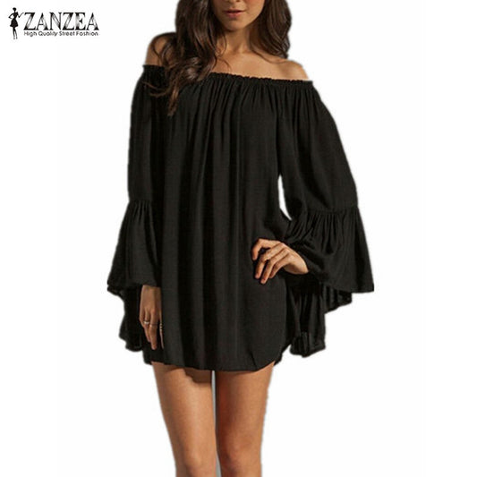 S-3XL 4 Color 2016 Summer Women Sexy Off Shoulder Slach Neck Chiffon Pleated Long Sleeve Loose - Shopy Max