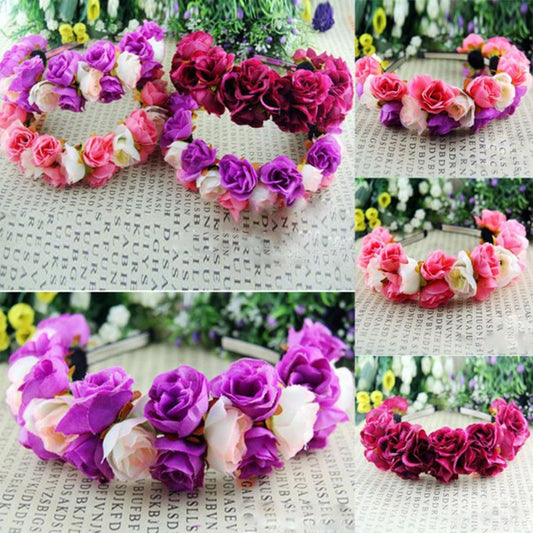 Rose Flower Crown Headband Wedding Festival Double Row Floral Garland Hairband - Shopy Max