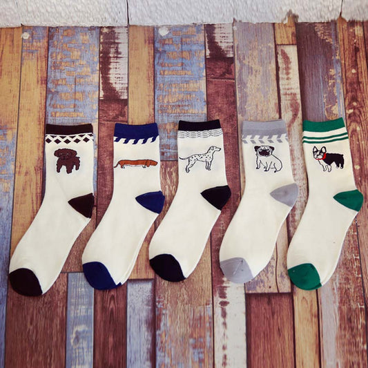 New Series Comfortable White women and men's socks Cotton Husky Pugs 5 style Faithful dog Embroidery happy Socks