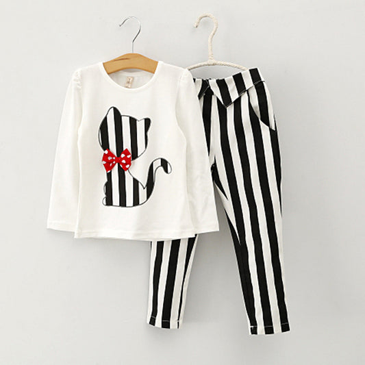 New arrival spring girl dress children clothing set Baby Kids Cartoon Cats Long Sleeve