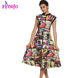 Finejo Summer Style Hot Women Vintage Elegantl Floral Print Sleeveless Slim A-Line Long