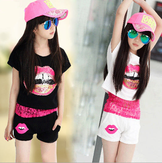 2016 summer fashion leisure sets girls   Personalized lip print pattern short sleeve T-shirt