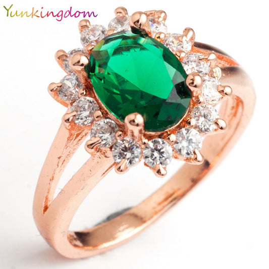 Fashion show 18K rose gold plated filled high quality green CZ diamond crystal classic wedding rings H2503 - Shopy Max