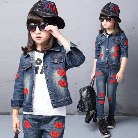 Spring fall Style Girls Red lips children clothing set Denim jacket + Jean pant 2 piece set - Shopy Max