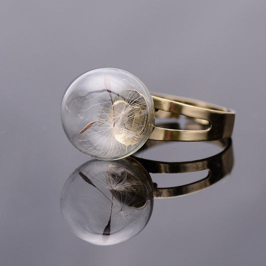 Unisex Real Natural Dandelion Seeds in Handblown Ball Glass Wishing Bottle Rings DIY Wish Dandelion Vial Ring Ecological Rings