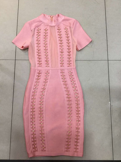 hot sale 2016 New women summer dress sexry  Mesh High Neck Bandage Dress Pink party