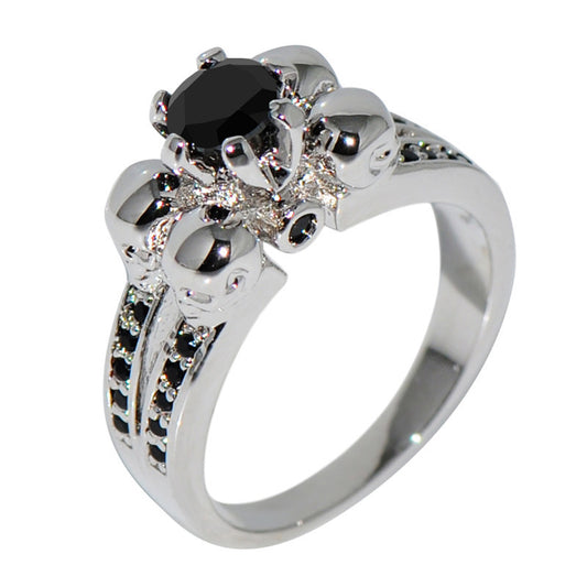 Vintage Black Sapphire Skull Jewelry Halloween Ring Anel Aneis Women/Men Engagement Band White Gold Filled Wedding Rings RW1129