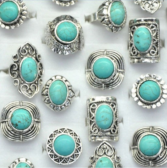 10pcs Wholesale Antique Silver Plated Vintage Adjustable Turquoise Stone Rings - Shopy Max