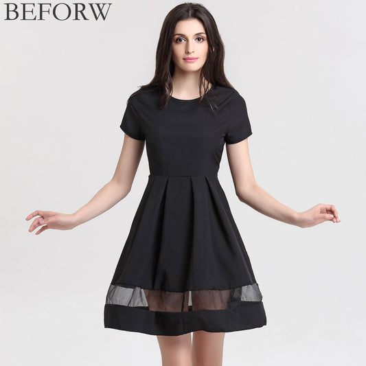 BEFORW Brand Women Dresses Fashion Round Neck Solid Casual Summer Dress Plus Size Splice Sexy Dress Black Vintage Office Dresses
