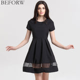 BEFORW Brand Women Dresses Fashion Round Neck Solid Casual Summer Dress Plus Size Splice Sexy Dress Black Vintage Office Dresses