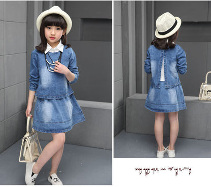 2016 Spring and Autumn new children's clothing girls fashion casual denim skirt two-piece suit