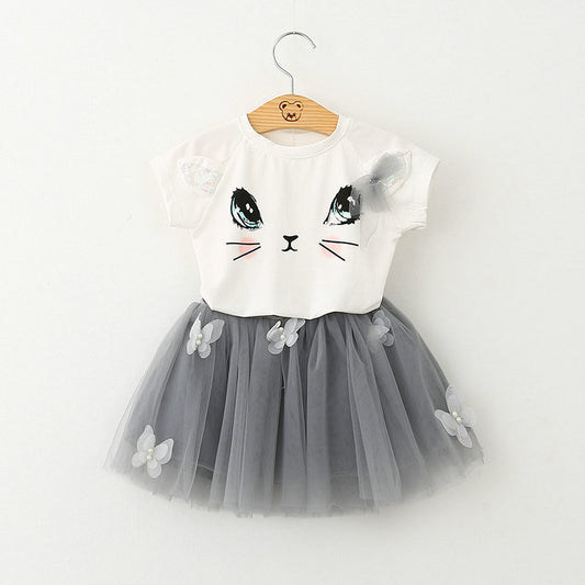 New 2016 Summer Girls Clothing Sets Fashion Cotton Short Sleeve T-shirt+Organza Skirts Children Kids Girl Clothes 2pcs Set 2-7Y - Shopy Max
