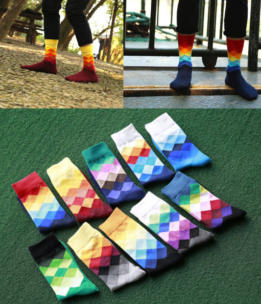 Men's socks British Style Plaid calcetines Gradient Color brand elite long cotton socks
