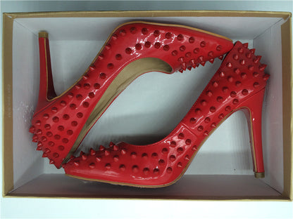 Pumps Red Bottom High Heels Sexy Point Toe Red Bottom Ladies High Heels Rivet Patent - Shopy Max