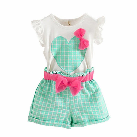 Baby Kids Girls Sleeveless Heart Bow Tops T-Shirt+Plaid Shorts Outfits Children Sets - Shopy Max