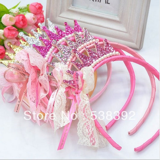 New winter hair accessories Lovely Ribbon Bow Lace Pearl Girls Angel Princess Crown Hair