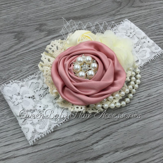Reatil!  Satin Flower Headband Matching Sparking Rhinestone Chiffon Flower - Shopy Max