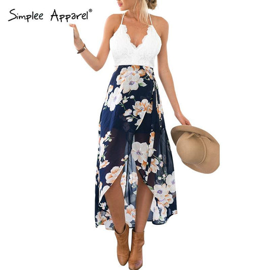 Simplee Apparel Sexy print lace summer dress Strap deep v neck high waist - Shopy Max