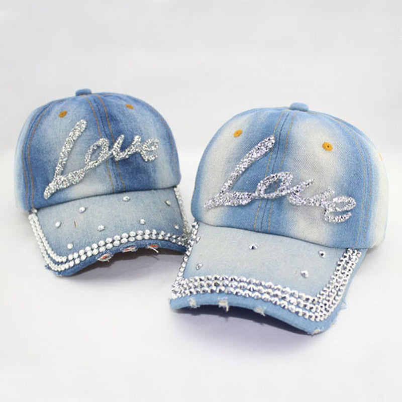 Women's fashion love letter rhinestone baseball cap Lady's casual denim hat