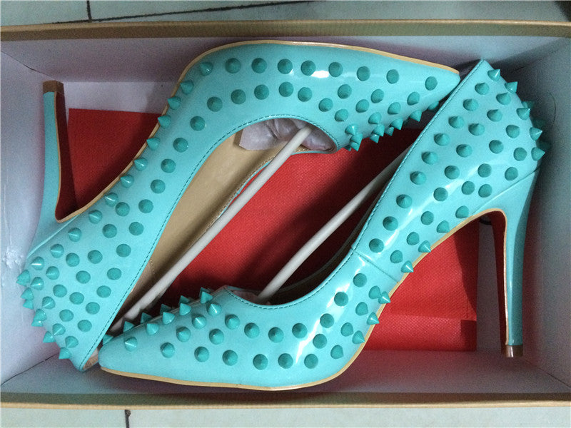 Pumps Red Bottom High Heels Sexy Point Toe Red Bottom Ladies High Heels Rivet Patent - Shopy Max