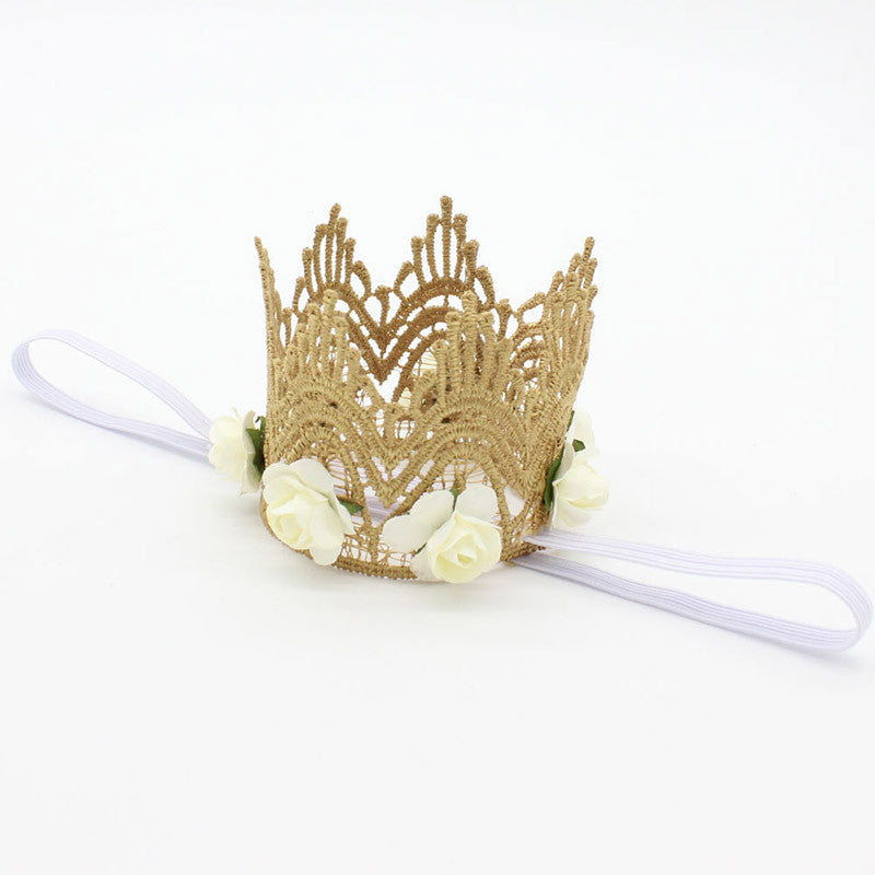 1 PC Baby Headband Rose Flowers Gold MINI Lace Crown Headband Princess Tiara - Shopy Max