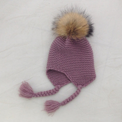 Unique Design Girls Fur Pom Poms Winter Hat Wool Knitted Bomber Hat Crochet Baby Hats Baby Products Beanie Apparel Accessories