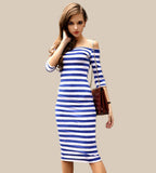 2016 Women Summer Dress Sexy Off The Shoulder Knee Length Striped Half Sleeve Bodycon