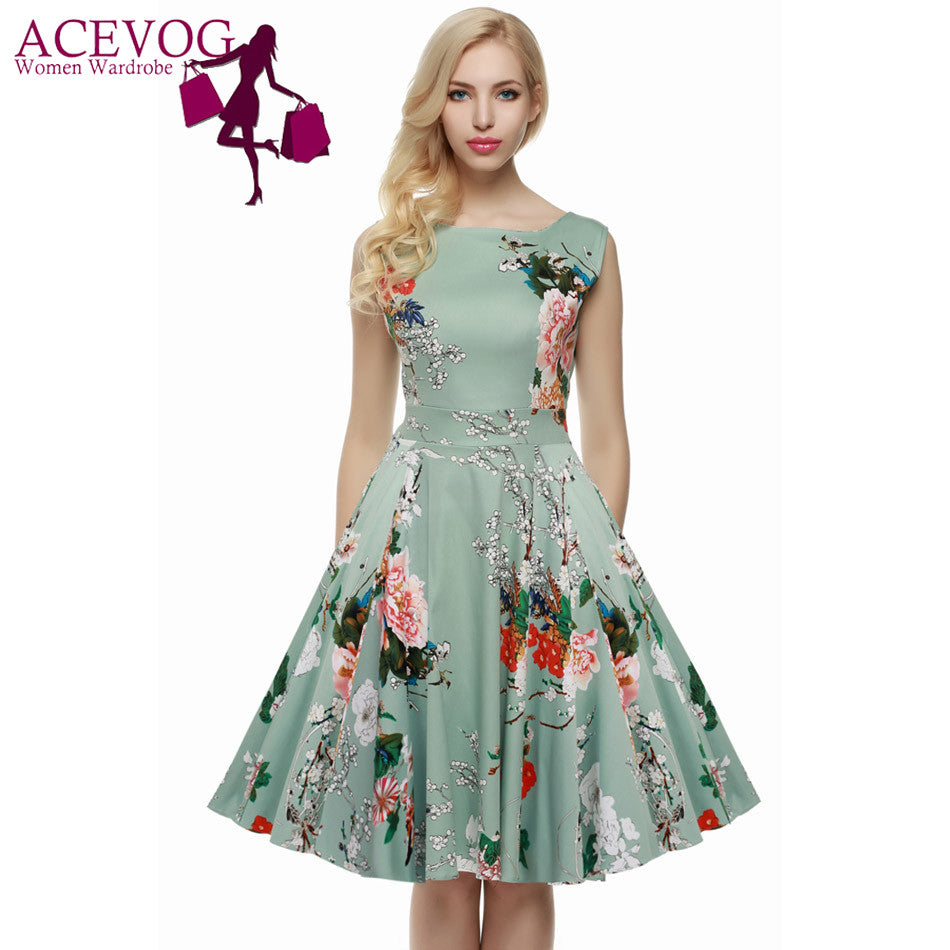 ACEVOG Brand S - 4XL Women Dress Retro Vintage 1950s 60s Rockabilly Floral Swing Summer