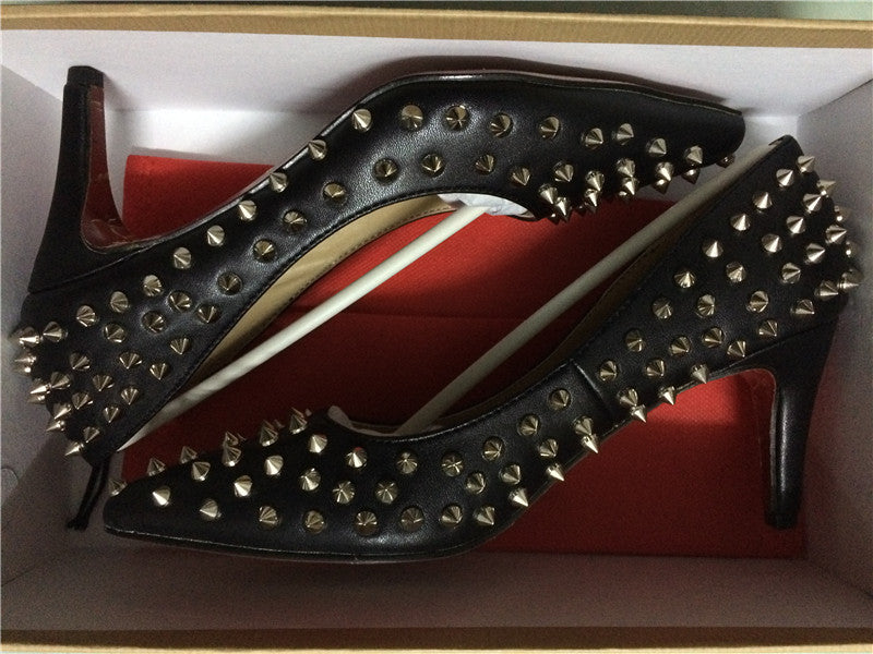 Pumps Red Bottom High Heels Sexy Point Toe Red Bottom Ladies High Heels Rivet Patent - Shopy Max