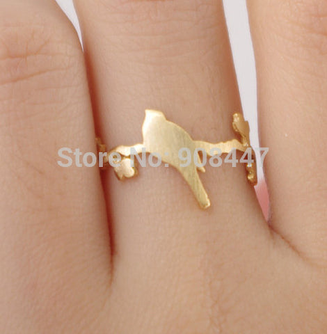 1 PCS-R99 hot sale Cute bird on leaf branch ring,animal plant ring -Free shipping over $10