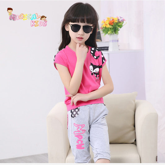 Casual Girls 2pcs Sports Suit Children Short-sleeved T-shirt+Pant Summer - Shopy Max