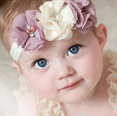 1 Pieces Newborn Baby Headband Chiffon 3 Flower Pearl Diamond with