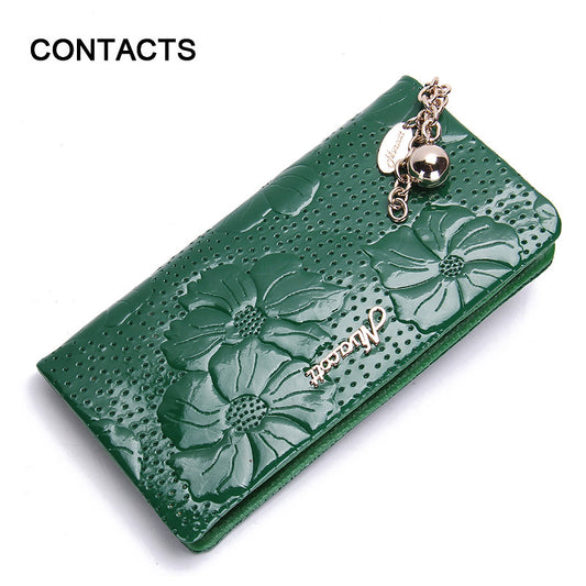 Genuine Leather Women Wallet Green Zipper Floral Purse With Zipper Coin Pocket Portfolio - Shopy Max