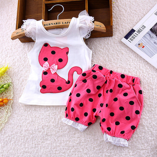 Europe 2016 new summer children clothing set baby girls bow cat shirt + shorts suit 2pcs kids polka dot clothes suit 1-4 years - Shopy Max
