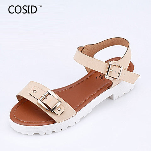 Summer Gladiator Sandals New 2016 Solid Casual Genuine Leather Women Sandals Flat Heels Buckle Sandals Comfortable Shoes BSN-543