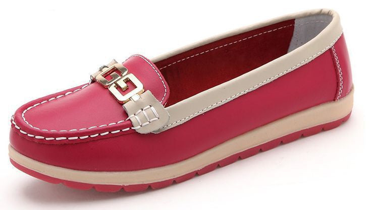 women Metal buckle genuine leather flats shoes woman causal nurse shoes women's round toe flexible candy color walking loafer